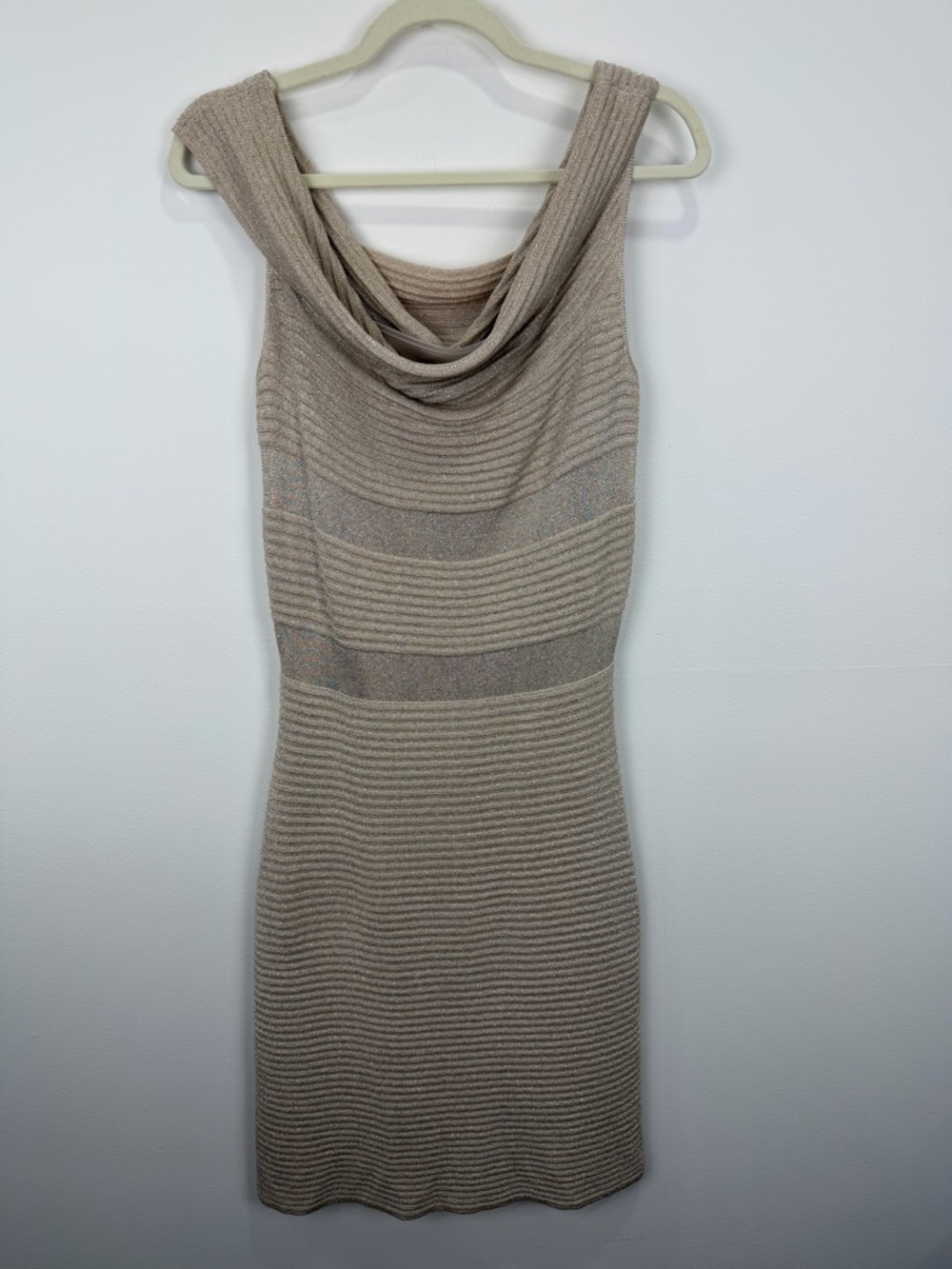 Kay Unger Champagne Gold Metallic Knit Cowl Neck Sheath Dress Glam Core M